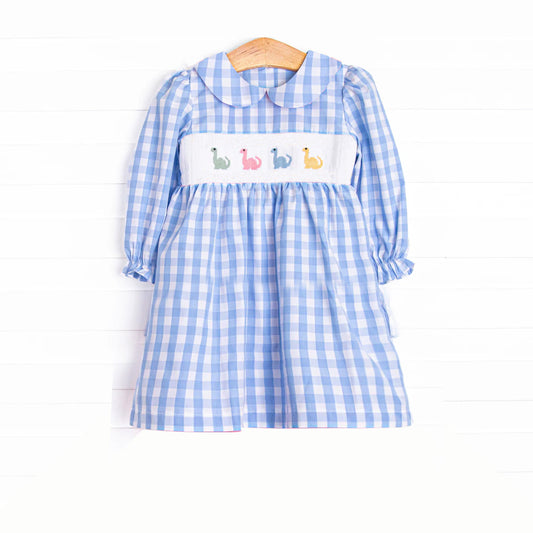 Baby Girls Dress Blue Plaid Long Ruffle Sleeves Dinosaurs Smocked Knee Length Dresses Preorder GLD1021 3.14