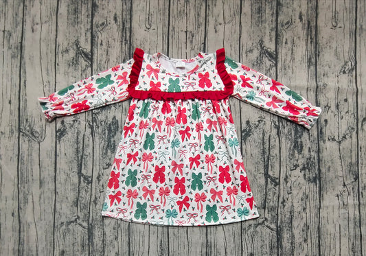 Baby Girls Dress Long Ruffle Sleeves Red Green Bows Knee Length Dresses Preorder GLD1046 6.7