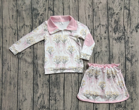 Baby Girls Clothes Long Sleeves Light Pink Bows Floral Plaid Zipper Top Skirts Set Preorder GLD1078 8.2