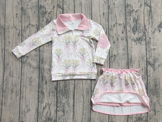 Baby Girls Clothes Long Sleeves Light Pink Bows Floral Plaid Zipper Top Skirts Set Preorder GLD1078 8.2