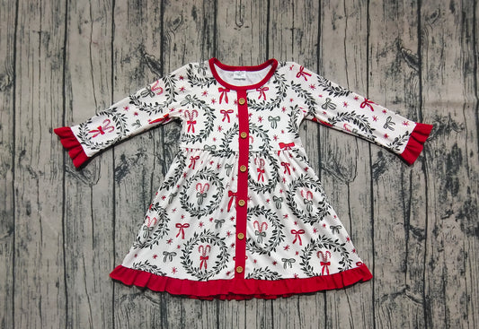 Baby Girls Dress Long Ruffle Sleeves Green Red Bows Button Knee Length Dresses Preorder GLD1082 6.7