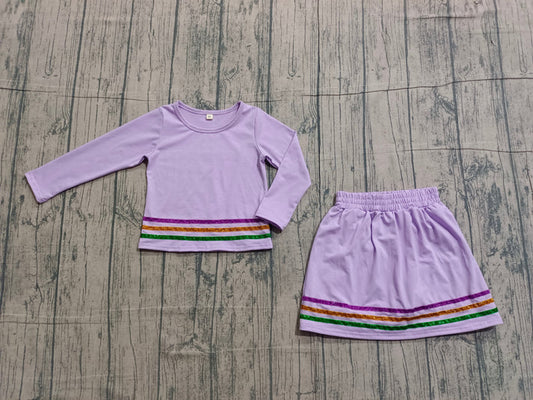 Baby Girls Purple Long Sleeve Mardigras Stripe Top Skirt Short Clothes Sets Preorder 1.14
