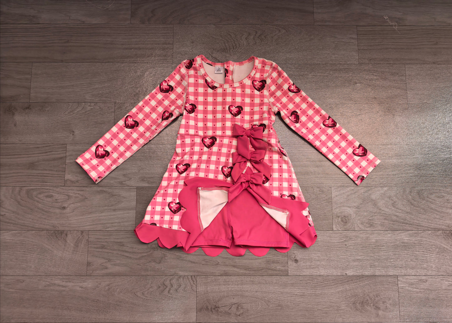 Baby Girls Dress Hearts Valentines Yoga Active Short Bows Scallop Knee Length Dress Preorder GLD1750