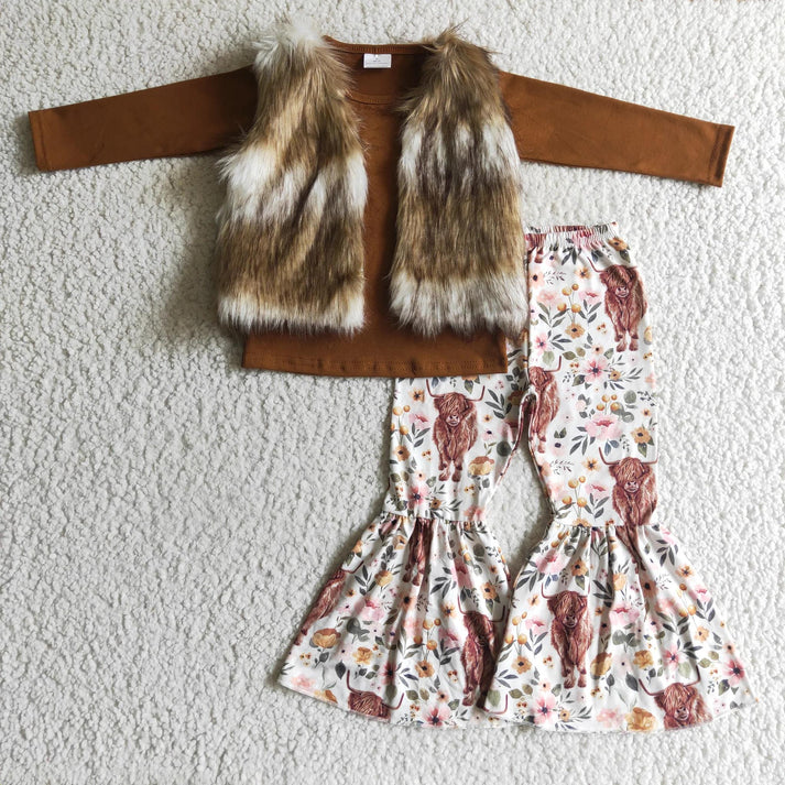 baby girls Brown Shirt Heifer Cow Bell fur vest 3pcs pants sets GLP0372 1.5