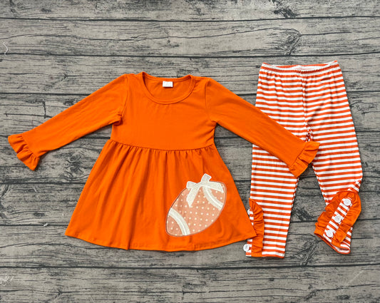 Embroidery Baby Girls Clothes Orange Football Team Tunic Stripes Legging Clothes Sets Preorder GLP1588 8.1