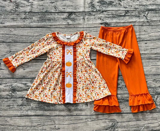 Embroidery Baby Girls Clothes Long Sleeves Bows Pumpkins Floral Tunic Ruffle Pant Set Preorder GLP2361 5.30