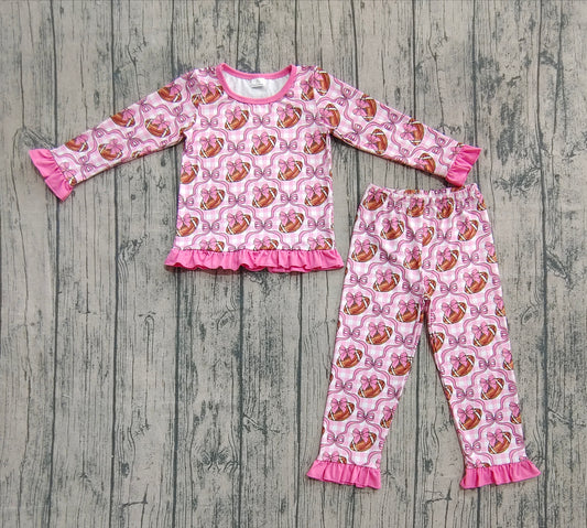 Baby Girls Pajamas Long Ruffle Sleeves Bows Footballs Top Pant Pajamas Set Preorder GLP2535 8.2