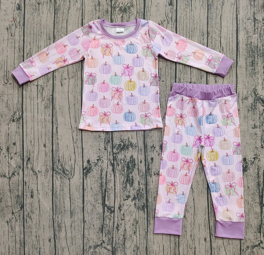 Baby Girls Pajamas Long Sleeves Colorful Bows Pumpkins Top Pant Pajamas Set Preorder GLP2597 8.2
