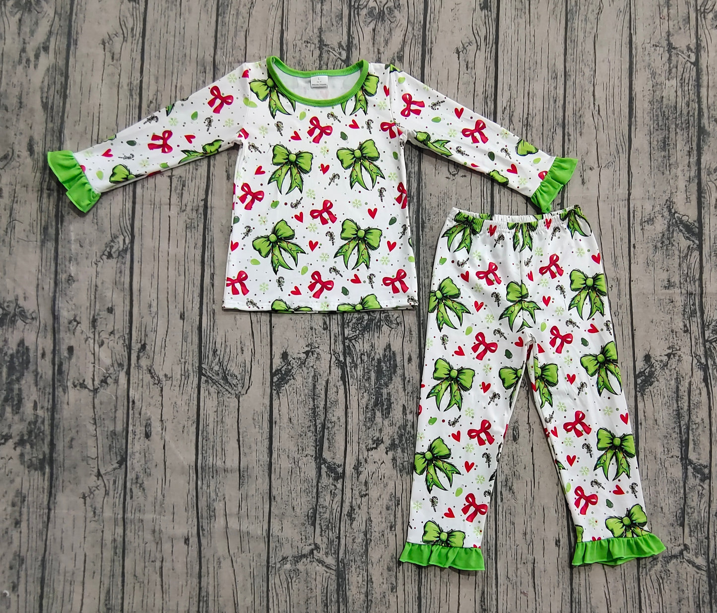 Baby Girls Pajamas Christmas Green Red Bows Hearts Top Pant Pajamas Sets Preorder GLP2628 8.2