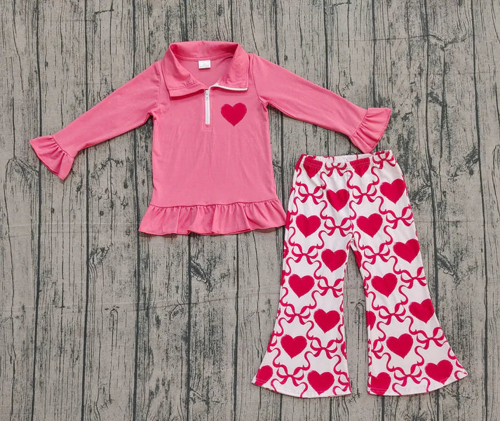 Embroidery Heart Baby Girls Pink Zipper Pullovers Bell Bottom Pants Valentine Clothes Set Preorder 10.25