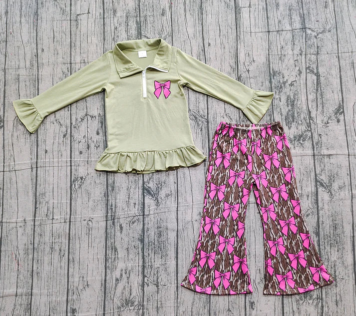 Embroidery Bows Baby Girls Olive Zipper Pullovers Camo Bell Bottom Pants Clothes Set Preorder 10.25
