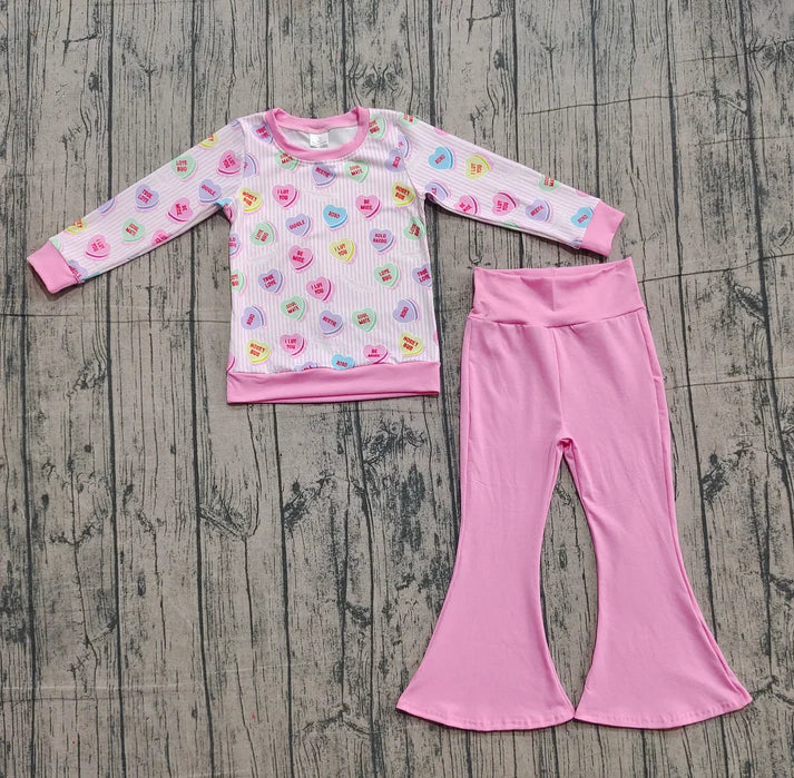 Baby Girls Pink Stripe Colorful Hearts Top Bell Bottom Pants Valentine Clothes Sets Preorder 10.25