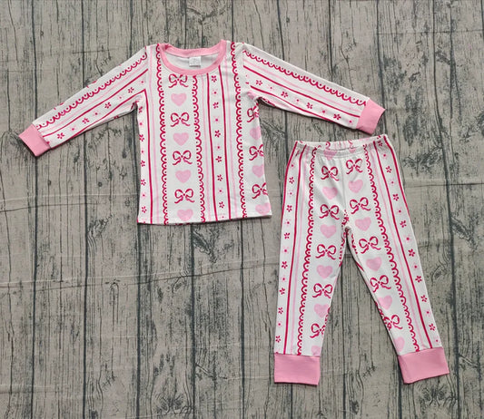Baby Girls Pink Bows Hearts Stripe Top Pant Valentine Pajamas Sets Preorder 10.25