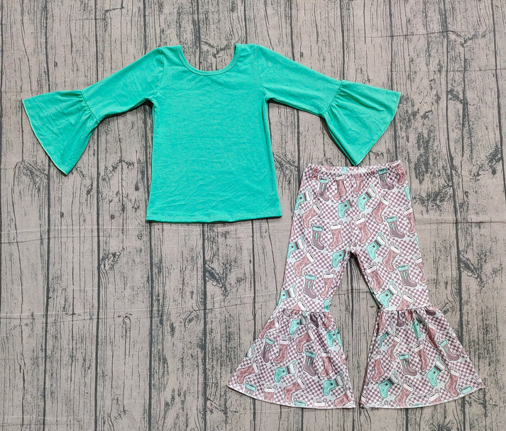Baby Girls Aqua Top Cactus Boots Bell Bottom Pants Western Clothes Sets Preorder 10.24