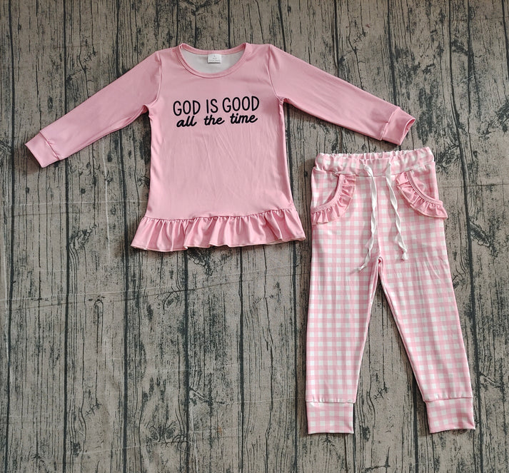 Baby Girls God Is Good Ruffle Top Checked Pockets Jogger Clothes Sets Preorder 10.24