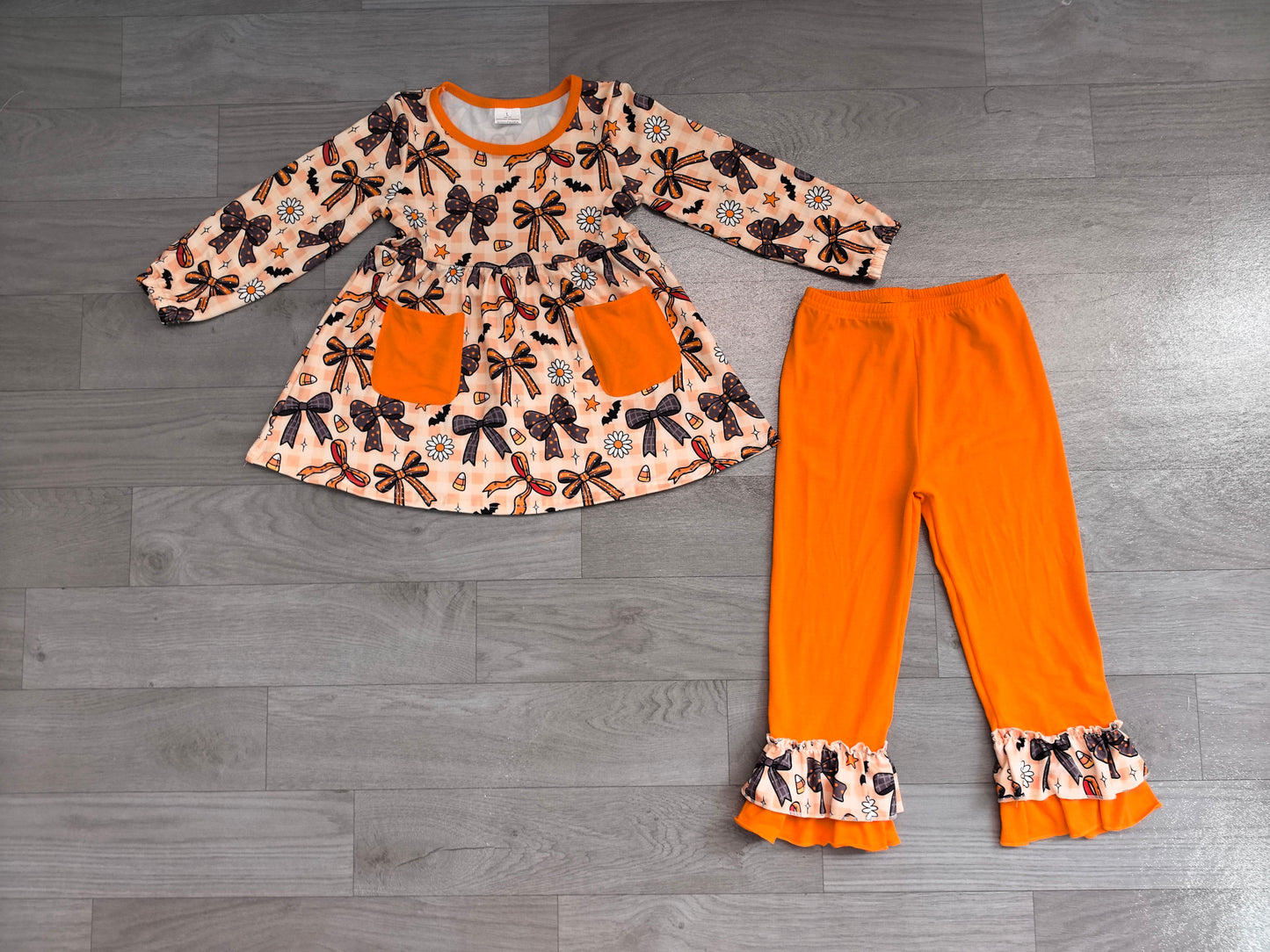 Baby Girls Clothes Bats Flowers Pockets Tunic Ruffle Pant Halloweens Clothes Sets Preorder GLP3534