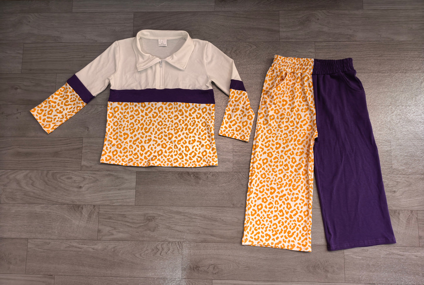 Baby Girls Yellow Purple Leopard Zip Pullover Flare Pants Clothes Sets Preorder GLP3580
