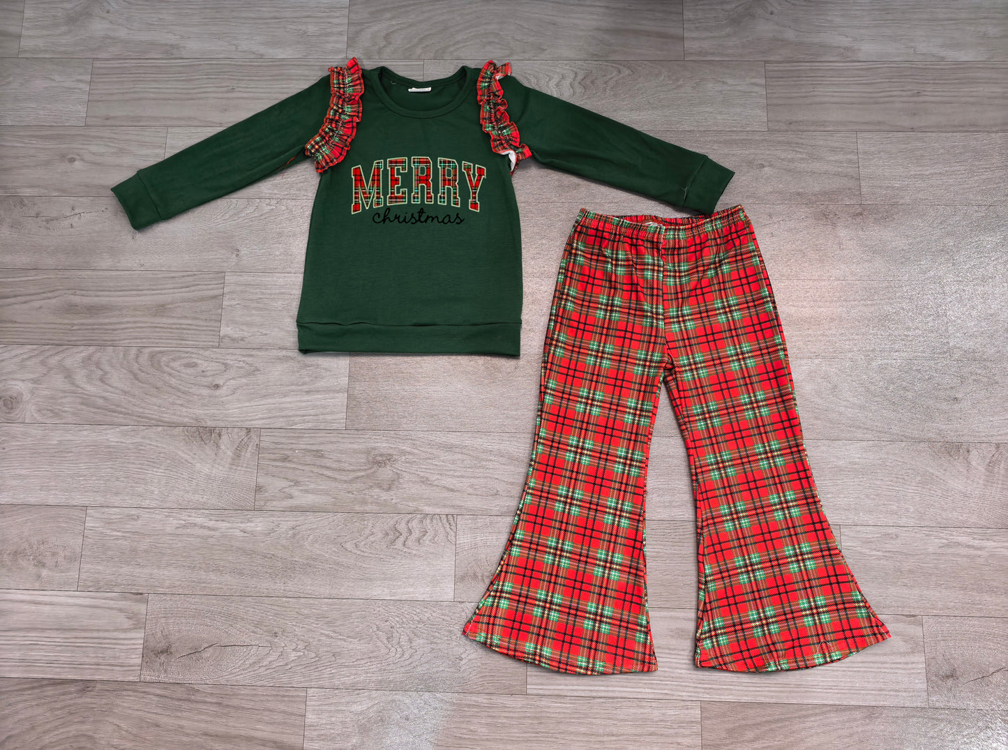 Preorder Baby Girls Clothes Green Red Checked Top Flare Pant Merry Christmas Clothes Sets GLP3595