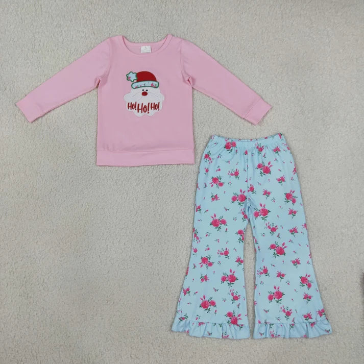 Sibling Baby Girls Embroidery Santa HO HO HO Flare Pant Christmas Set Pant Rompers