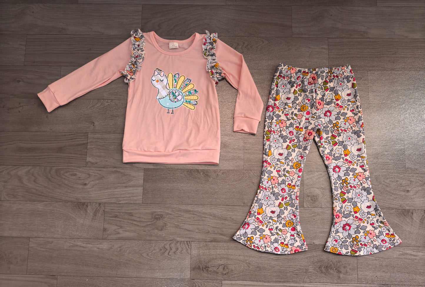 Baby Girls Clothes Embroidery Turkey Flowers Top Flare Pant Thanksgivings Clothes Sets Preorder GLP3597