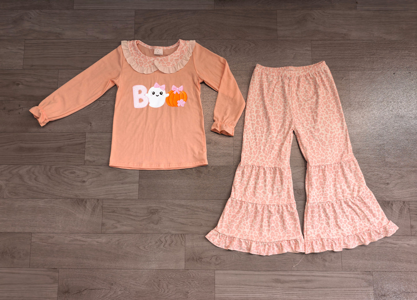 Baby Girls Clothes Embroidery Pumpkin Ghost BOO Top Leopard Bell Bottom Halloween Set Preorder GLP3630