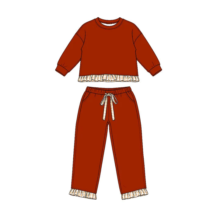 Preorder Baby Girls Orange Long Sleeve Top Pockets Pants Sweatshirt Clothes Set GLP3644