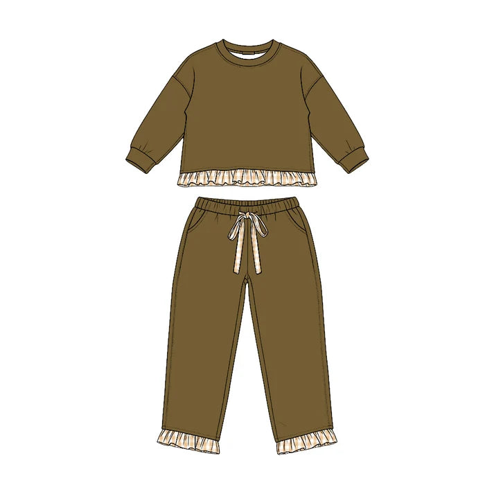 Preorder Baby Girls Olive Long Sleeve Top Pockets Pants Sweatshirt Clothes Sets GLP3646