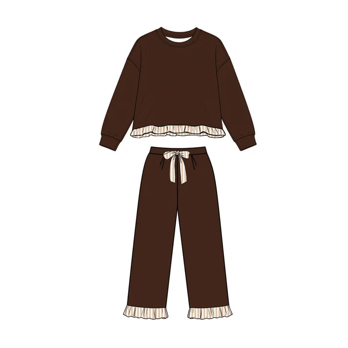 Preorder Baby Girls Brown Long Sleeve Top Ruffle Pant Sweatshirt Clothes Set GLP3670