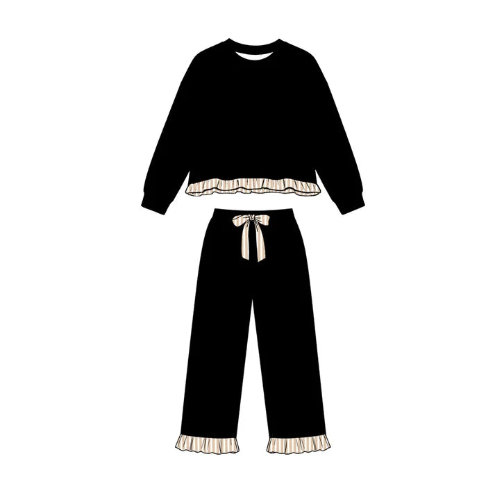Preorder Baby Girls Black Long Sleeve Top Ruffle Pant Sweatshirt Clothes Set GLP3671