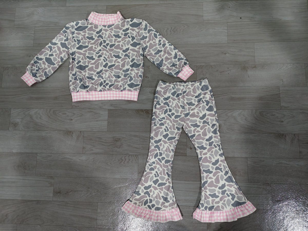Baby Girls Clothes Southern Light Grey Camo Top Ruffle Flare Pant Clothes Set GLP3737