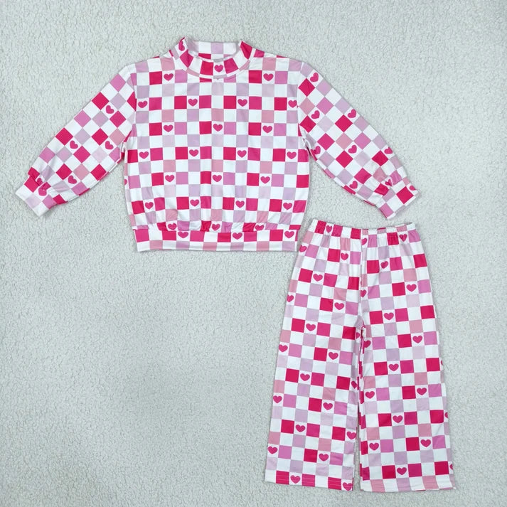 Sibling Baby Girls Pink Checked Hearts Mock Neck Top Pockets Flare Pant Valentines Set Rompers