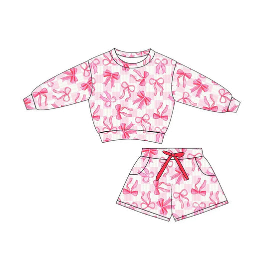Baby Girls Pink Checked Bows Long Sleeve Top Pockets Shorts Clothes Sets Preorder 11.29
