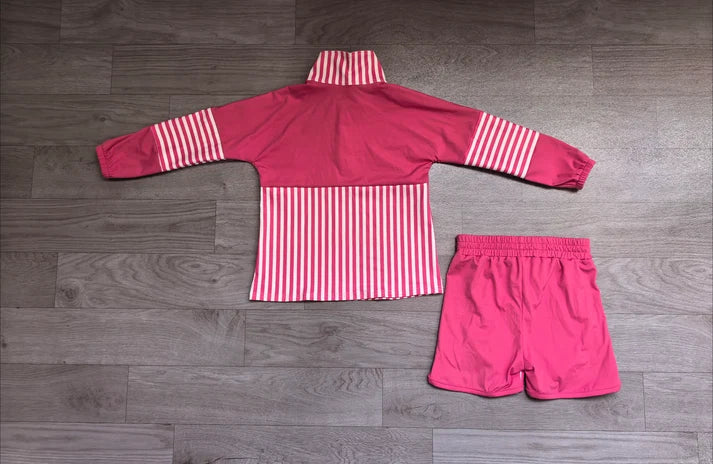 Baby Girls Pink Stripe Zip Pullovers Shorts Yoga Active Clothes Sets Preorder GLS0106