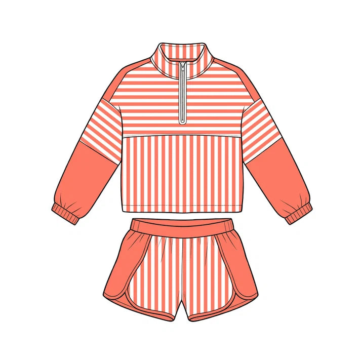 Preorder Baby Girls Orange Stripe Zip Pullovers Shorts Yoga Active Clothes Sets GLS0108