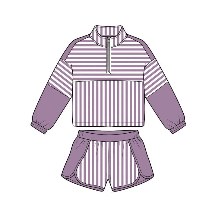 Preorder Baby Girls Purple Stripe Zip Pullovers Shorts Yoga Active Clothes Sets GLS0110