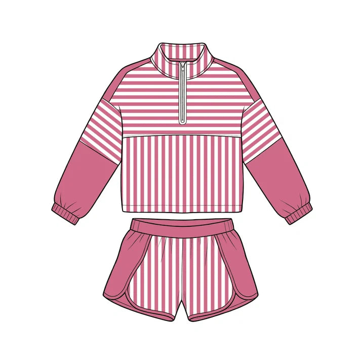 Preorder Baby Girls Hot Pink Stripe Zip Pullovers Shorts Yoga Active Clothes Sets GLS0112