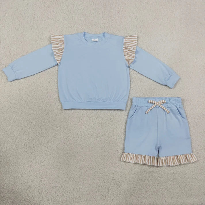 Sibling Baby Girls Long Flutter Sleeves Shirts Top Pockets Ruffle Shorts Pants Clothes Sets