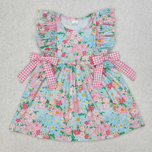 Baby Girls Dress Blue Pink Flowers Bows Knee Length Dresses GSD1962 3.8