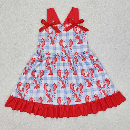 Baby Girls Dress Blue Checkered Crawfish Bow Ruffle Knee Length Dresses GSD1968