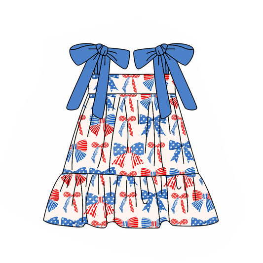 Baby Girls Dress Blue Strap Red Blue Bows Stars 4th Of July Knee Length Dress Preorder GSD2172