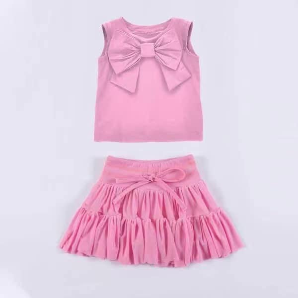 Baby Girls Clothes Pink Sleeveless Bow Top Vest Patchwork Skirt Set Preorder GSD2192 3.5
