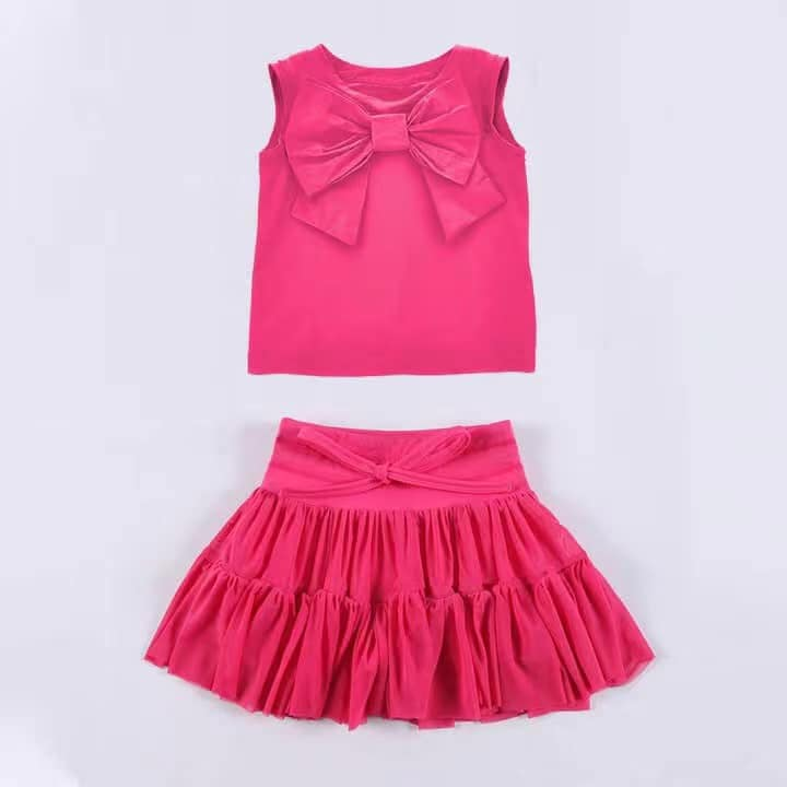 Baby Girls Clothes Hot Pink Sleeveless Bow Top Vest Patchwork Skirt Set Preorder GSD2195 3.5