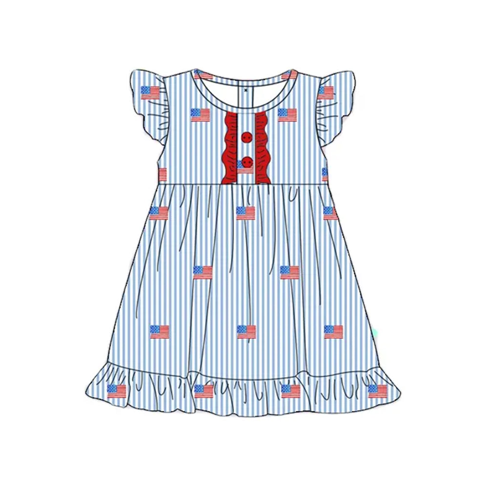 Baby Girls Dress Stripe Flutter Sleeves Button Flags 4th Of July Knee Length Dresses Preorder GSD2196 3.4