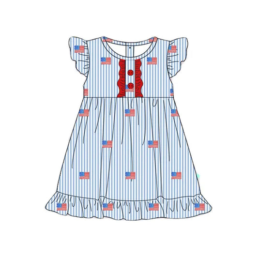 Baby Girls Dress Stripe Flutter Sleeves Button Flags 4th Of July Knee Length Dresses Preorder GSD2196 3.4