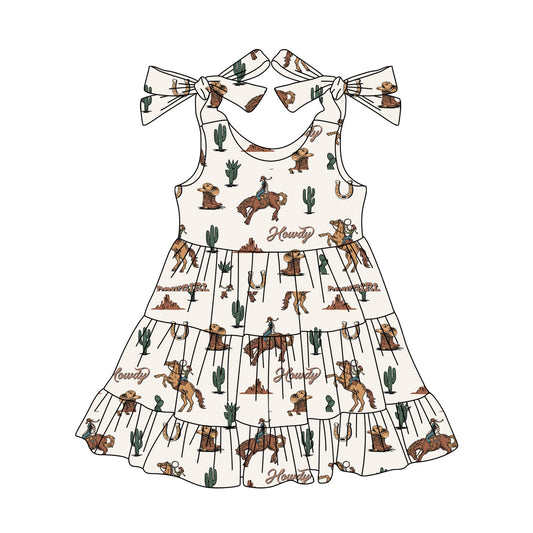 Baby Girls Dress Bows Strap Horse Rodeos Cactus Knee Length Dresses Preorder GSD2274 3.14