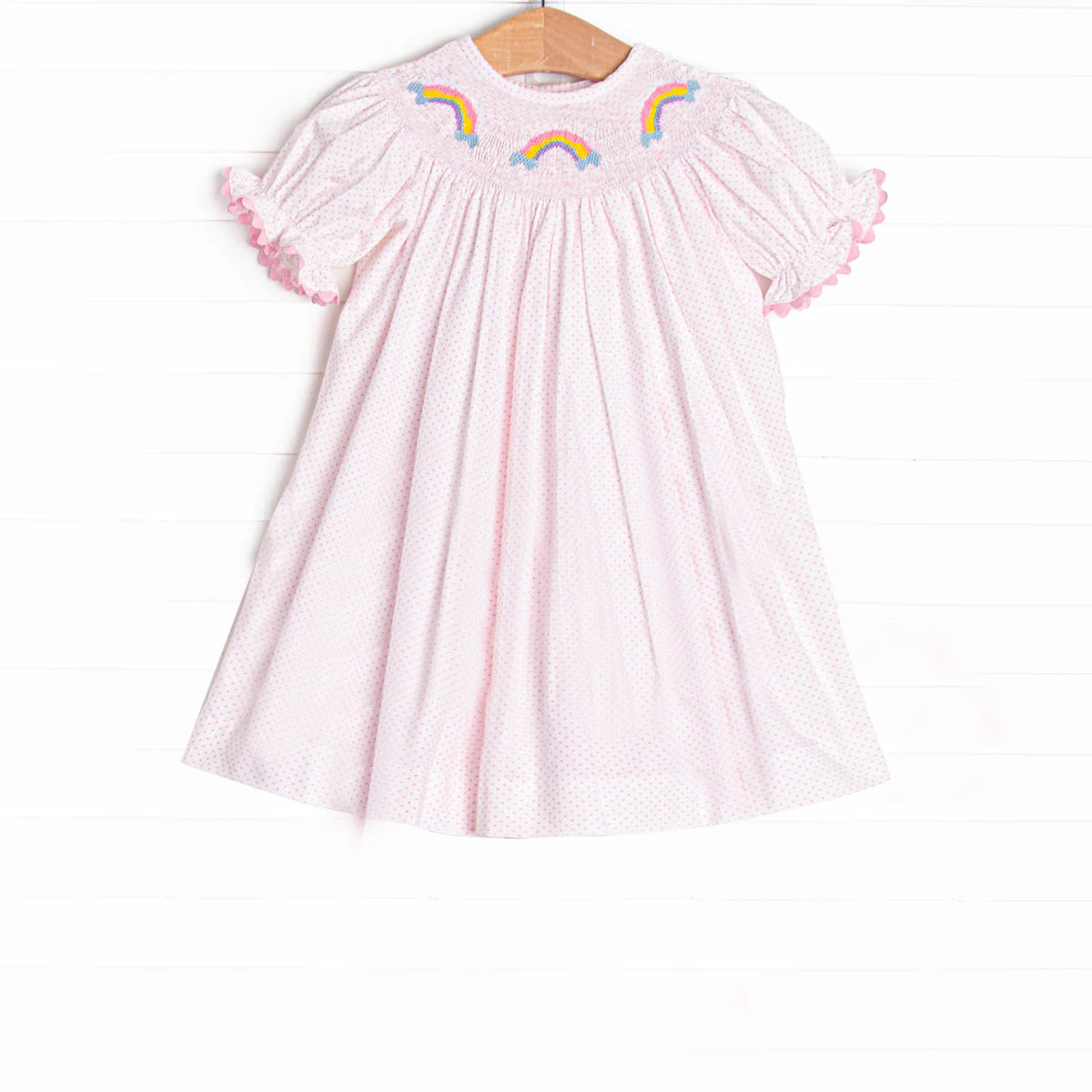 Baby Girls Dress Polka Dots Short Ruffle Sleeves Rainbows Smocked Knee Length Dresses Preorder GSD2277