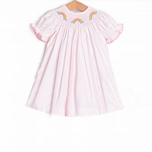 Baby Girls Dress Polka Dots Short Ruffle Sleeves Rainbows Smocked Knee Length Dresses Preorder GSD2277