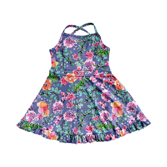 Baby Girls Dress Purple Strap Floral Yoga Ruffle Knee Length Dresses Preorder GSD2279