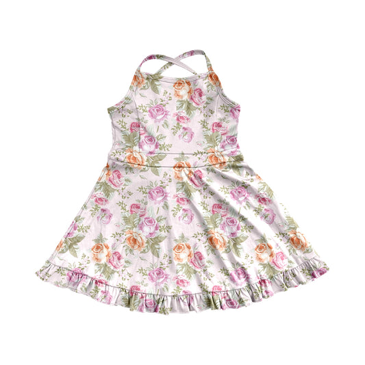 Baby Girls Dress Peach Strap Floral Yoga Ruffle Knee Length Dresses Preorder GSD2280