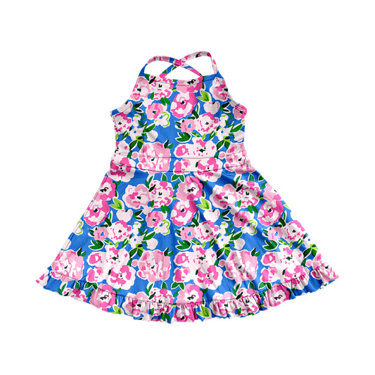 Baby Girls Dress Blue Strap Colorful Floral Yoga Ruffle Knee Length Dresses Preorder GSD2284